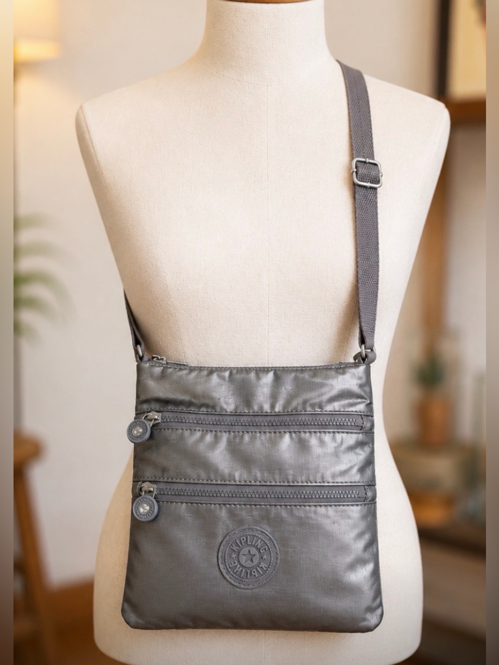 Kipling Crossbody Metallic Stoney Gun Metal Silver 8” x 9” NWT